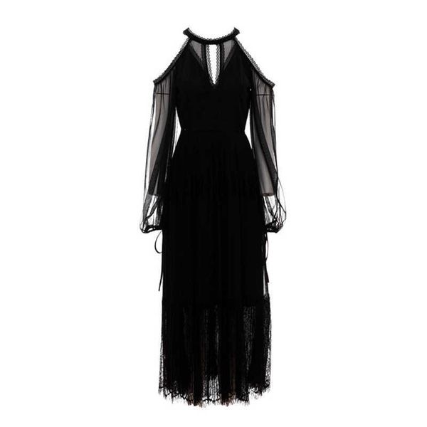 

perhaps u black long sleeve cold shoulder solid loose midi dress halter autumn lace d0643 210529, Black;gray