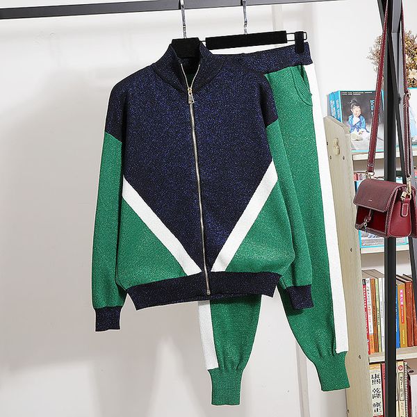

pant fashion patchwork knitted set women tracksuits bright silk cardigan sweater pencil pants outfits female loose sports knit suit, White