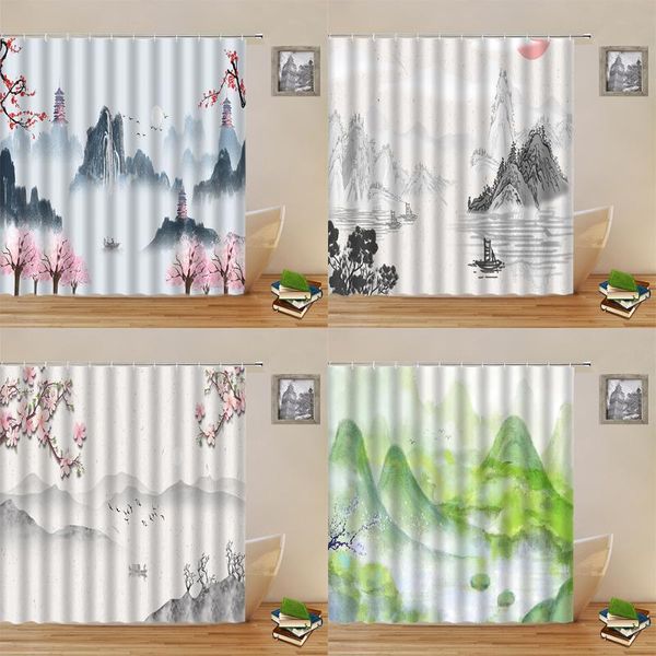 

shower curtains chinese style ink painting spring mountain water flower scenery pattern print bath decor cloth hanging curtain