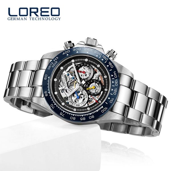 

watch men luxury brand loreo blue sport waterproof 200m automatic mechanical watches mens date male clock relogios masculino, Silver