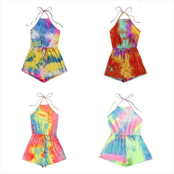 

halter sleeveless short neon women romper colorful tie dye print cami backless drawstring playsuit, Black;white