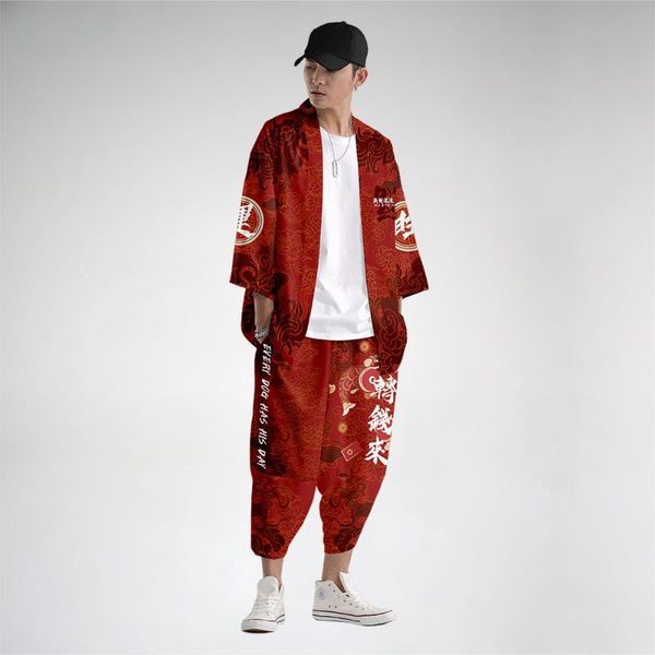

ethnic clothing chinese style men red printed kimono cardigan traditional casual asian clothes harajuku loose thin set coat pants
