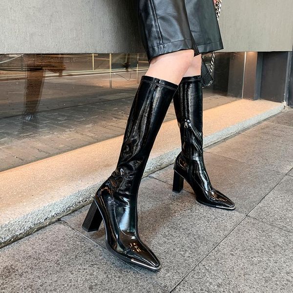 

boots women elegant pointed toe genuine leather thick high heel ladies shoes inside zipper knee-high, Black