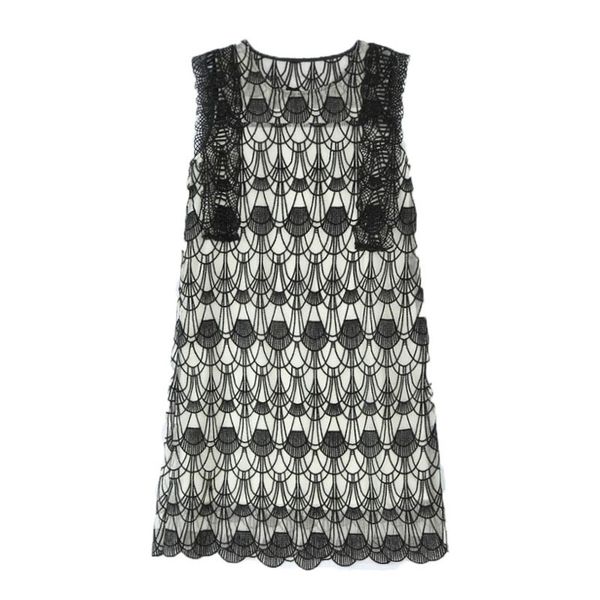 

lace dress sleeveless tank o neck black white knee length d1118 210514, Black;gray