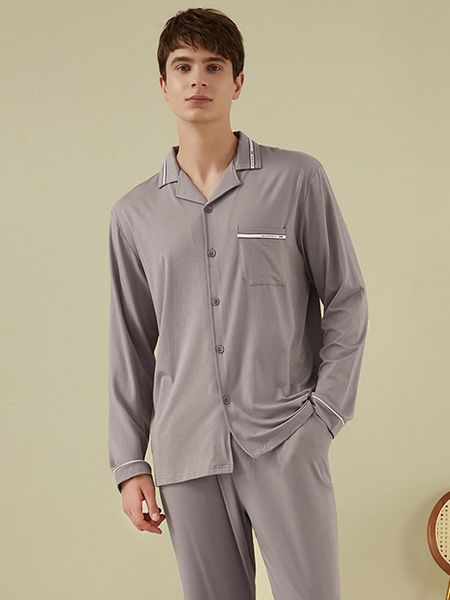 

men's sleepwear pajamas suits, home clothes bamboo fiber autumn products cardigan lapel long-sleeved trousers men, Black;brown