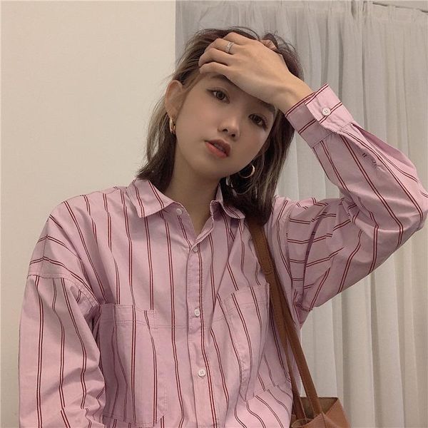 

women's blouses & shirts striped long sleeve ladies spring autumn korean loose turn-down collar blouse casual pink for women clothing, White