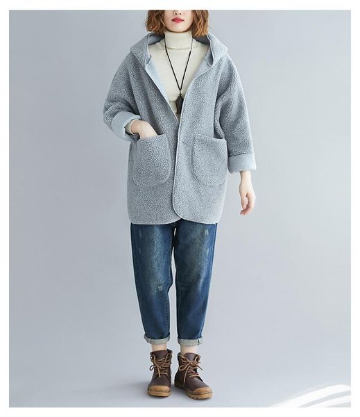 

women's wool & blends streetwear cardigan coat 2021 female winter hooded korean loose sheep hair velvet fur jacket women plus size lamb, Black