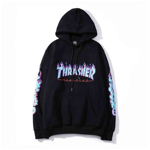

spring autumn men's sweatshirt casual hip hop streetwear loose hoodies 100% cotton flame print skateboard fashion brand y1201, Black