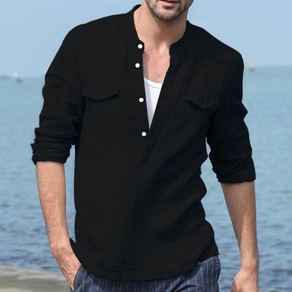 

men's casual shirts simple stylish long sleeve stand collar solid color v neck pockets pullover men beach shirt for summer vacation, White;black