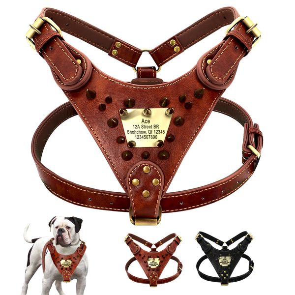 Arnês de couro personalizado para cães, colete com pontas cravejadas, identificação personalizada para cães médios e grandes, pitbull bulldog2201145