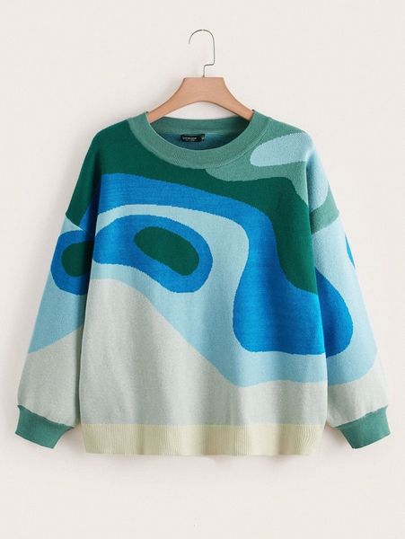 

plus drop shoulder allover pattern sweater f6bd#, Black