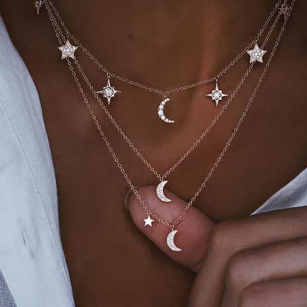 

vintage crystal geometry star moon lock necklace for women boho multi-level pendants necklaces chokers jewelry gift chains, Silver