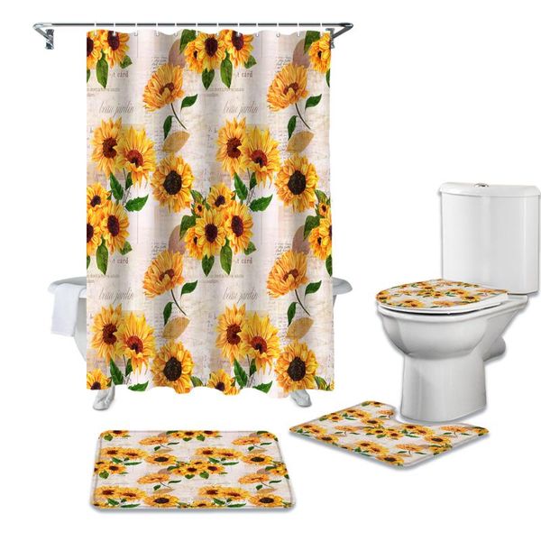 

shower curtains sunflowers vintage spaper print curtain bathtub decor rug waterproof bathroom toilet cover mat set