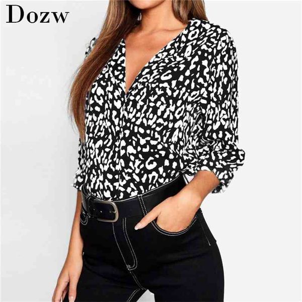 

blouse women leopard print vintage ladies casual shirt office long sleeve tunic chemisier femme 210515, White