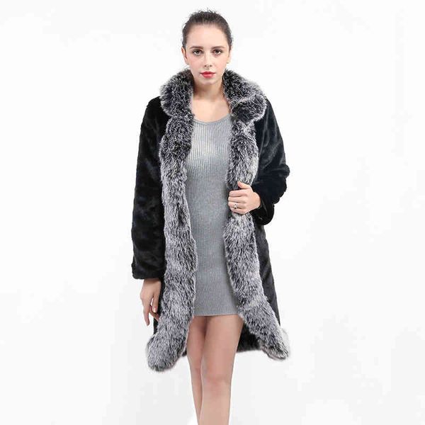 Inverno Quente Furry Fur Collar Mulheres Plus Size Faux Mink Pele Casaco Luxo Preto Fluffy Jacket Vintage Overcoat 211213