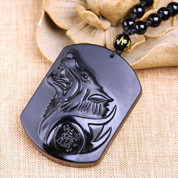 

pendant necklaces arrive natural obsidian wolf head necklace pendants for men women black carving amulet, Silver