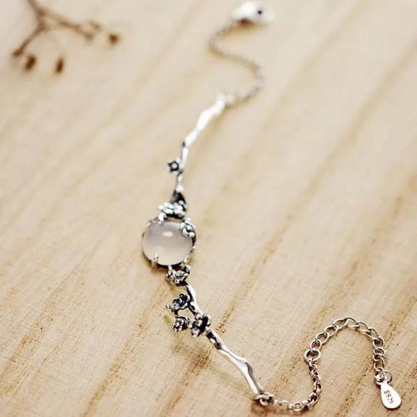 

link, chain yipu original handmade s990 silver inlaid moonlight white chalcedony plum blossom sterling female bracelet for friends, Black