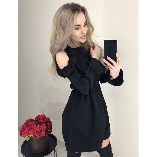 

2021long sleeve autumn ruffle party dress ladies hollow out o neck elegant dress 2021 female solid high waist mini dress, Black;gray