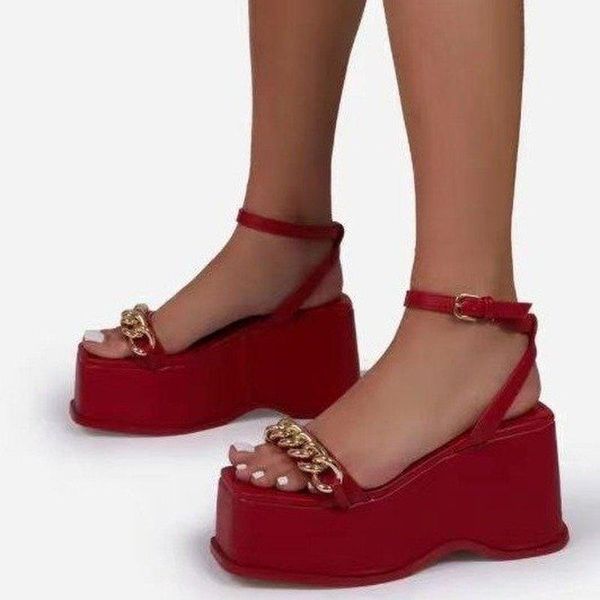 

sandals summer women sandal gold chain ankle strap outdoor narrow band shoes ladies high wedges heel slides flip flop mujer, Black