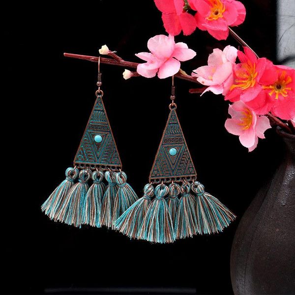 

european and american geometric triangle tassel earrings fabric thread spike dangle & chandelier, Silver