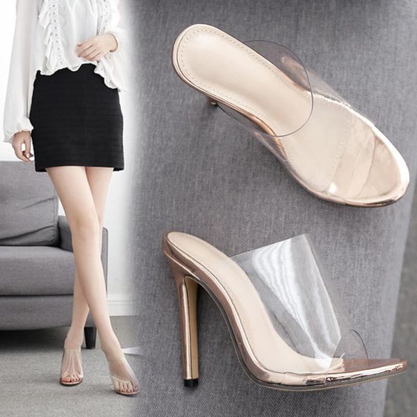 

women shoes 11.5cm slippers large size summer outdoor pvc transparent peep toe high heel, Black