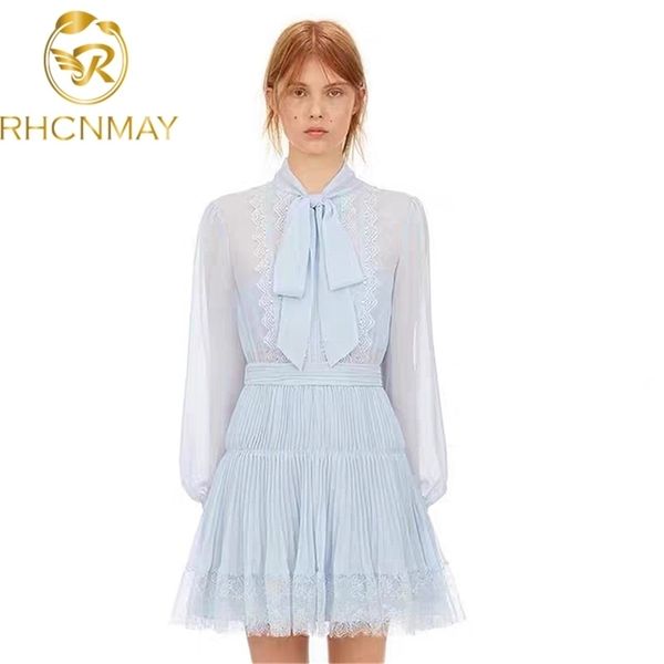 

autumn blue chiffon dress woman runway design long dleeve bow neck casual party high waist pleated female 210520, Black;gray