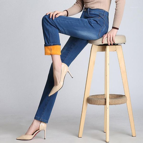 

straight jeans women 2021 winter warm denim trousers high waist fleece thick slim pants black plus size female women's, Blue