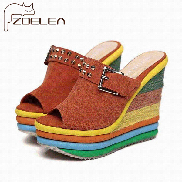 

slippers 2021 sweet genuine leather wedges women kawaii muffin platform rainbow slipper high heel sandals flip flops big size 43, Black