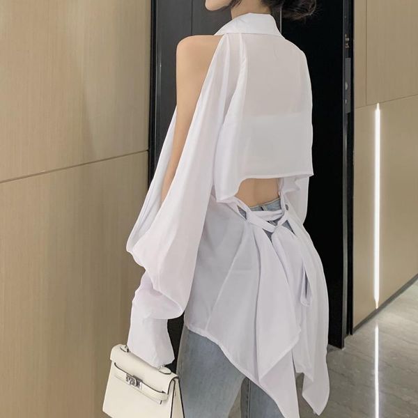 

women's blouses & shirts off shoulder turn-down collar fashion brand spring autumn long sleeve backless hollow out ladies clothing, White