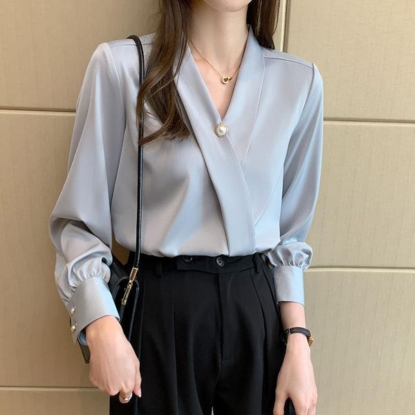 

women's blouses & shirts real s 2021 spring style good texture temperament pearl decoration korean satin v-neck chiffon shirt, White