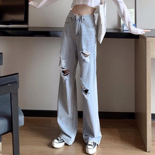 

women's jeans #3052 spring korean style wide leg pants women high waist trousers female hole long denim femme autumn, Blue