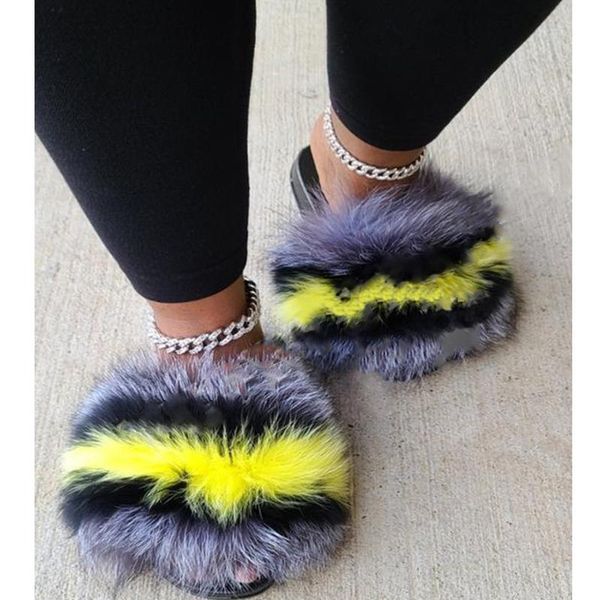 

summer fluffy raccoon fur slippers shoes girl plush slides women lovely flat sandals amazing, Black