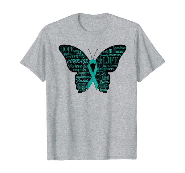 

ovarian cancer awareness t shirt-teal ribbon butterfly gift, White;black