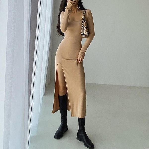

casual dresses spring autumn solid color round neck knitted long-sleeved dress women, split elastic bottoming mid-length women, Black;gray