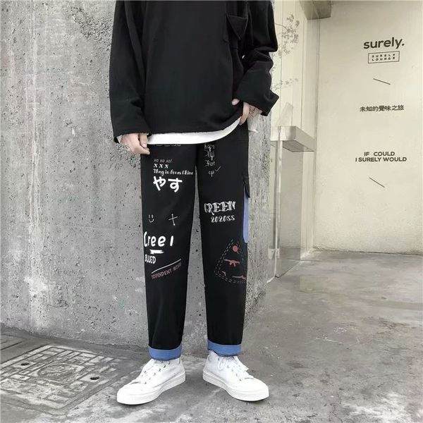 Gerade Denim Jeans Männer Grafik Gedruckt Hosen Streetwear Mann Wildleg Hip Hop Koreanische Harajuku Mode