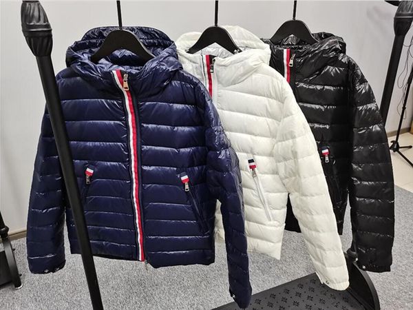 

men hooded down coat thick soft warm double zipper waterproof parkas black white blue