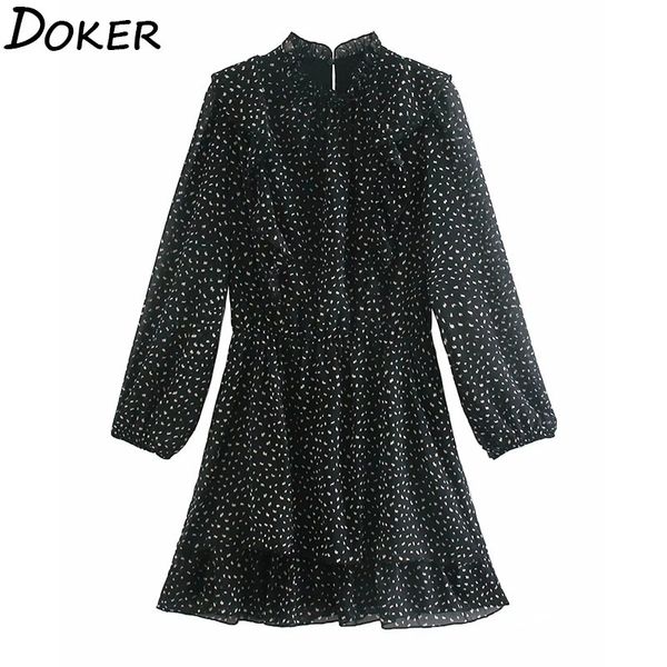 

spring print chiffon mini dress for women fashion stand collar long sleeve plus size ladies dresses casual boho beach dress 210423, Black;gray