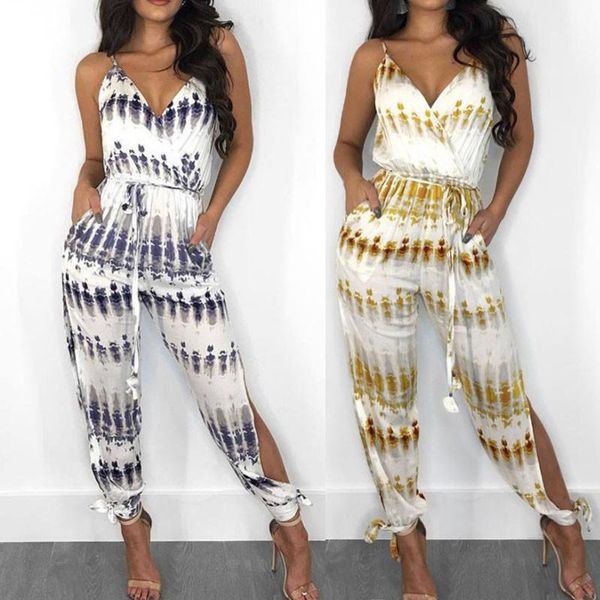 

women's jumpsuits & rompers tie-dyed print sleeevless sashes casual women loose high split long pants 2021 summer overalls, Black;white