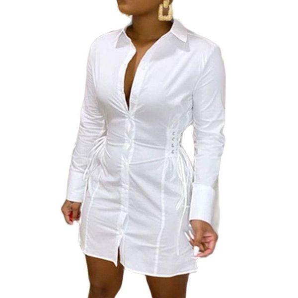 

casual dresses rstylish fall 2021 single breasted side lace up elegant office lady solid long sleeve white shirt, Black;gray