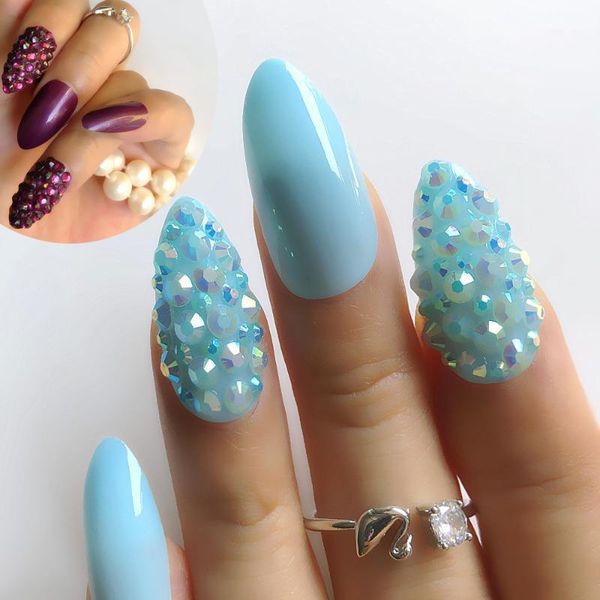 

custom made grape amethyst diamond fake nail long tip professional full set of fashion polishing acrylic false1, Red;gold