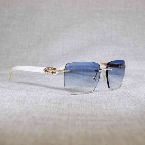 

2022 factory wholesale model vintage rhinestone white buffalo horn rimless men wood sun metal frame shades for summer club eyewear sunglasse, White;black