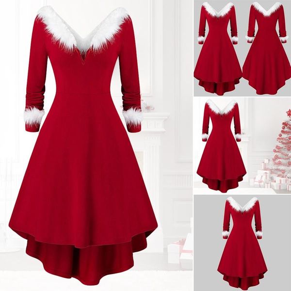 

casual dresses christmas long-sleeved dress plush v-neck red slim fit fashion patchwork xmas women party xxl, Black;gray