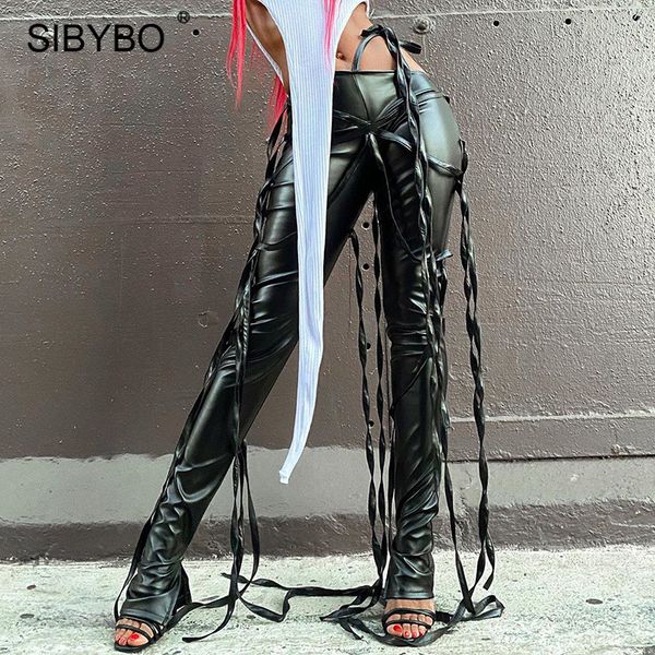 

sibybo ribbon faux leather winter pants women casual lace up high waist long pants femme black pu punk moto streetwear trousers, Black;white