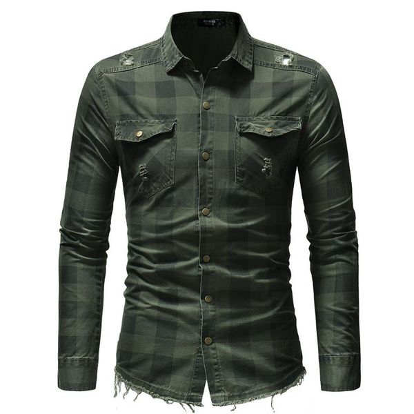 

men's casual shirts spring and autumn fashion plaid pocket decorative hem jeans long sleeve shirt mens clothing trends, White;black