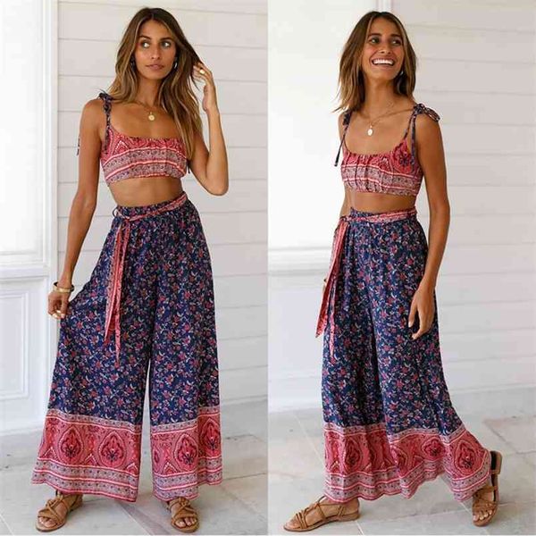 Mulheres Calças Palazzo Floral Impressão Geométrica Elástica Cintura Alta Sashes Loga Perna Calças Solta Culottes Maxi Ladies Roupas Casuais 210522