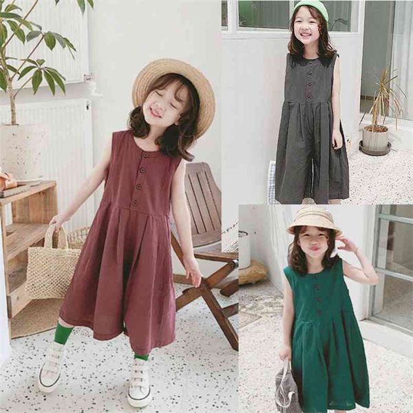 Sommer Mädchen Kleid Hosen Japanischer und koreanischer Stil dunkle Farbe Einreiher Wide-Leg Jumpsuit Kinderkleidung 210625