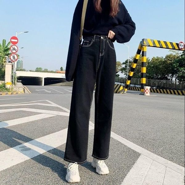 

women's jeans women all-match korean style mopping trousers denim vintage black solid high waist autumn baggy chic ulzzang street casua, Blue
