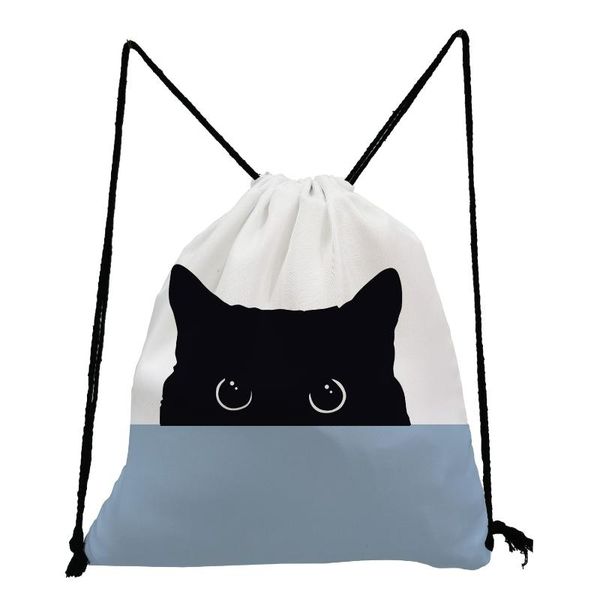 

backpack cartoon black cat printed blue reusable storage bag outdoor unique folding women casual drawstring bags custom pattern