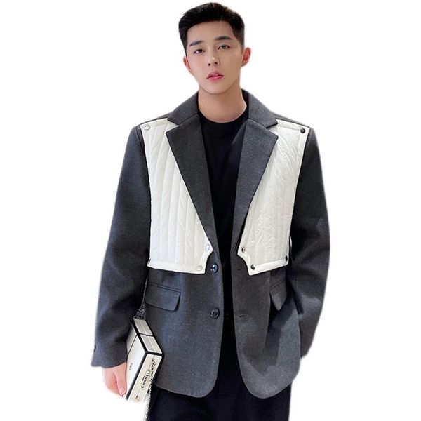 

men's suits & blazers men harajuku streetwear loose casual woolen blazer coat man trend fashion suit jacket autumn winter removable ves, White;black