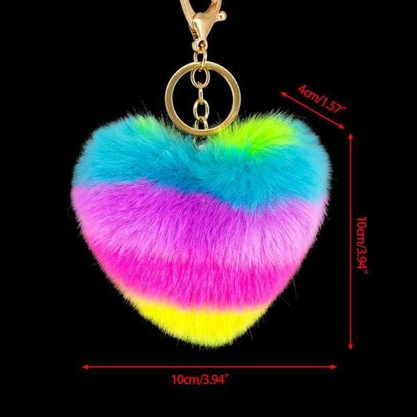 

novelty rainbow heart keychain bag hang plush toy pendant pom keyring